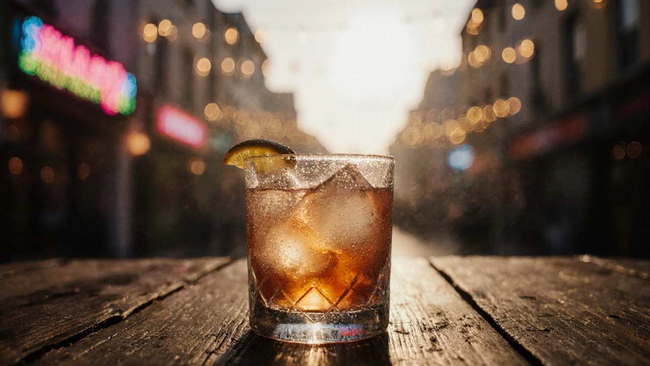 A craft cocktail on a wooden table with blurred city lights and string lights in the background.
