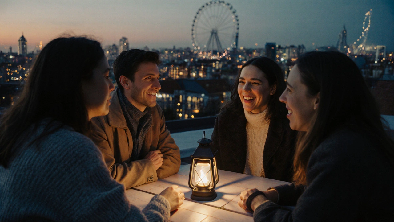 A group of friends laughing at a rooftop table with Brighton’s skyline glowing behind them.