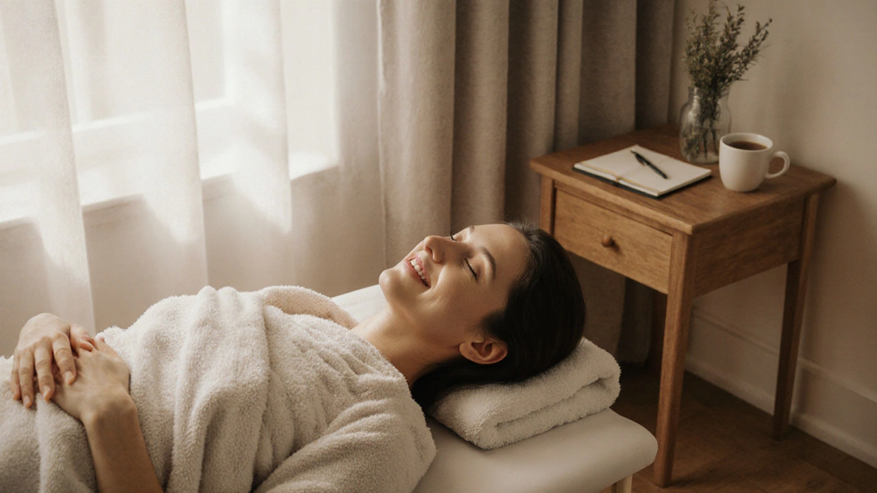 A person relaxed after a massage, wrapped in a towel, smiling softly with tea nearby.