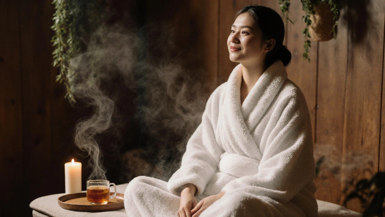 A person wrapped in a towel after a nuru session, smiling peacefully with steam and candlelight around them.