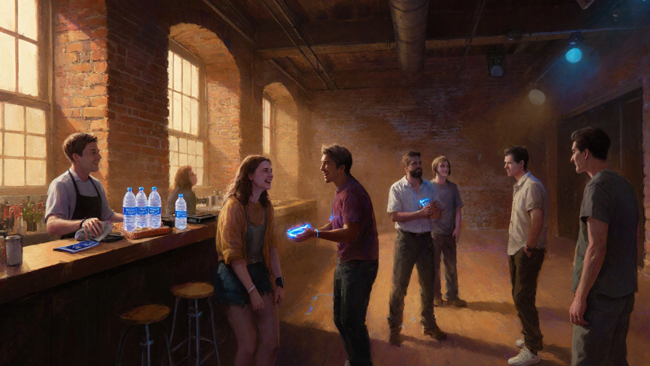 After‑hours scene with people at a water station and warm morning light.