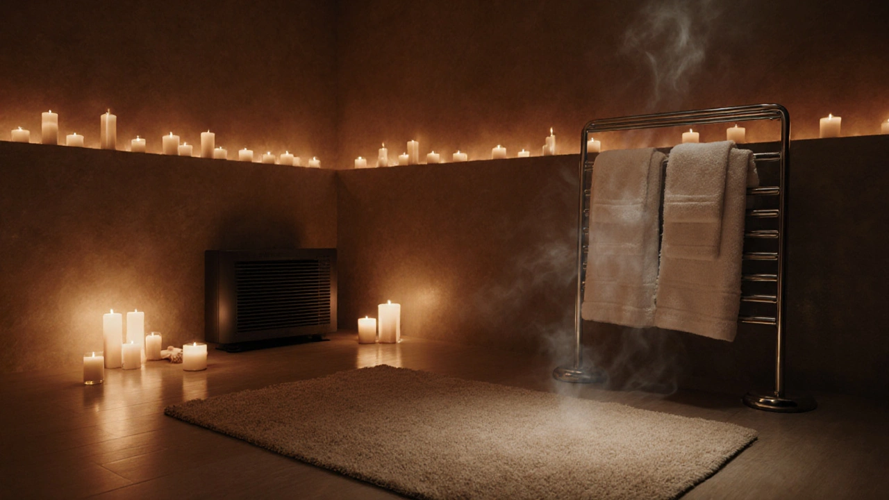 Calm spa room with dim lights, candles, and a heated towel rack.