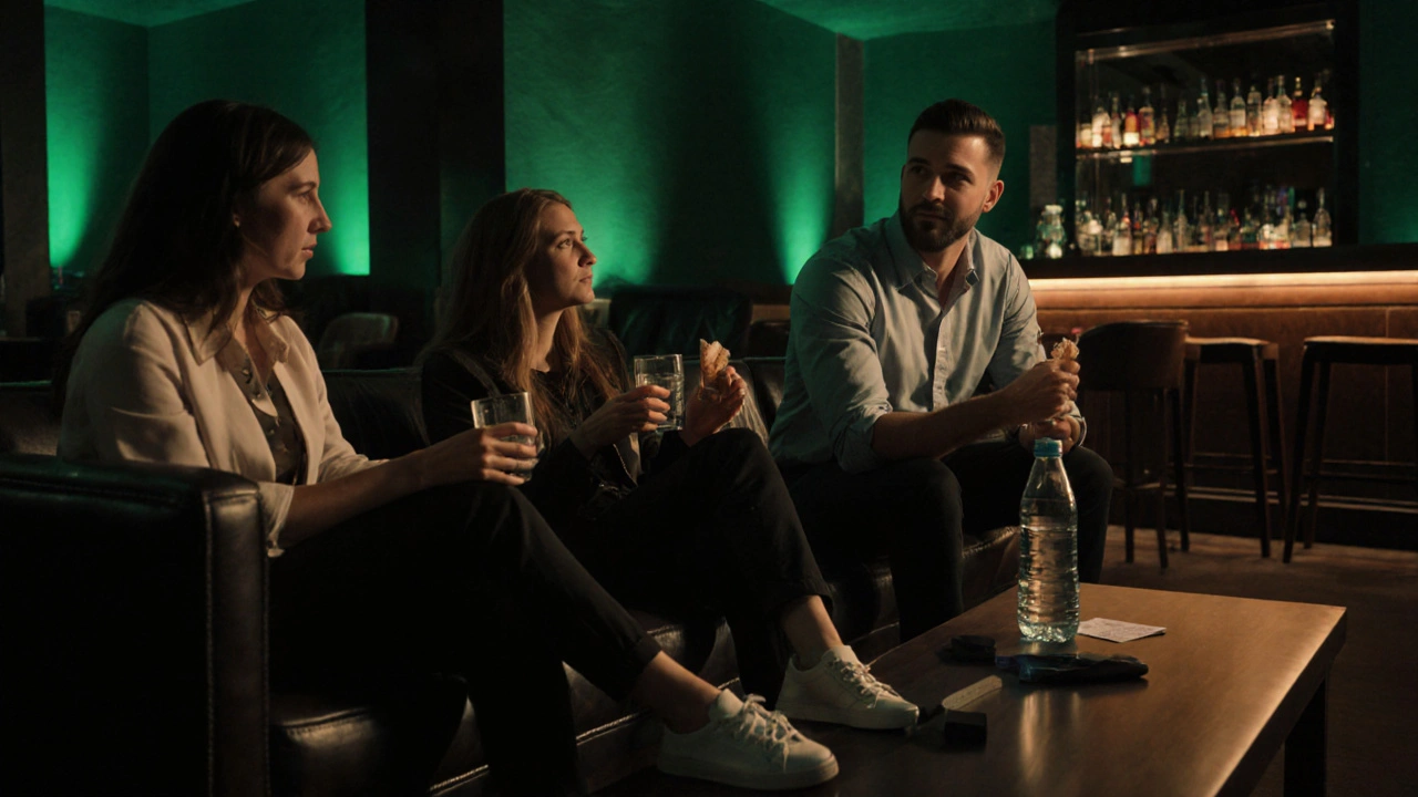 Club lounge with friends, water glasses, and subtle prep items for a safe night out.