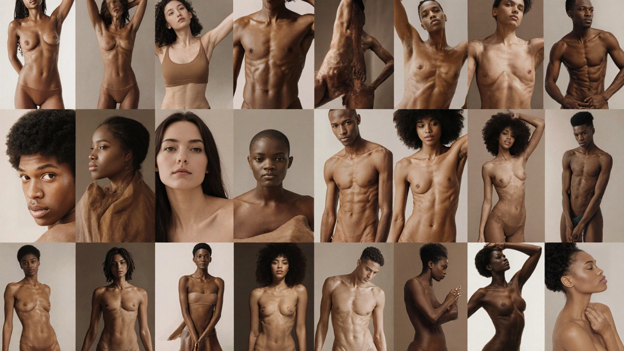 Collage of diverse bodies of different ages, skin tones, and abilities in natural, unedited poses.