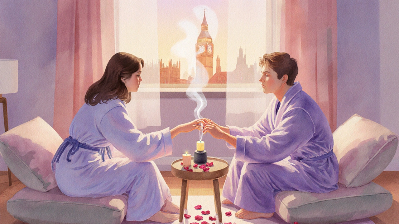 Couple in soft robes sharing a gentle hand touch beside candles and diffuser in a pastel‑toned room.