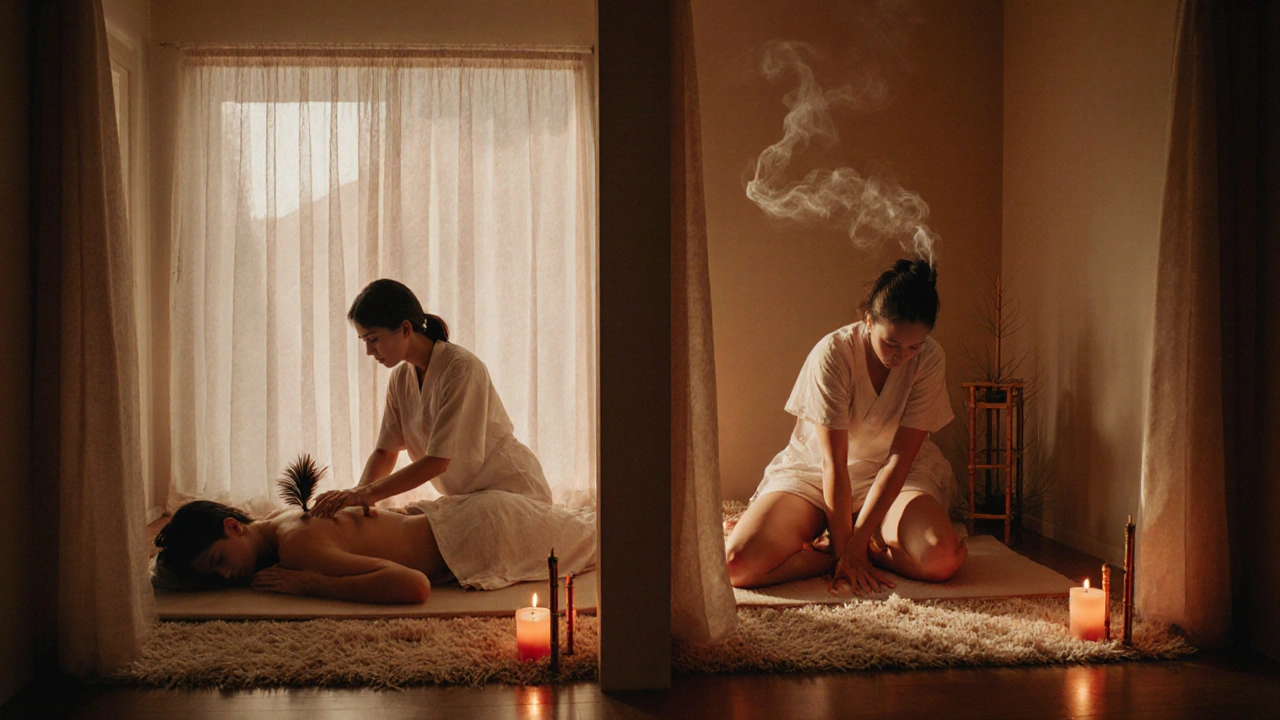 Couple sharing a tranquil, candlelit massage experience in a home setting.