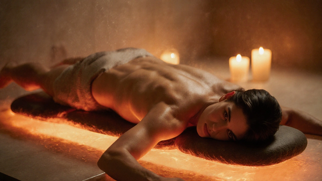 Couple sliding together on a heated stone slab under soft lighting.