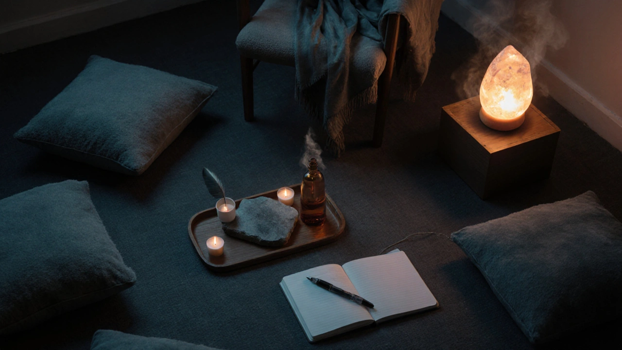 Cozy home sanctuary with cushions, silk scarf, stone heater, oil bottle, and calming lighting.