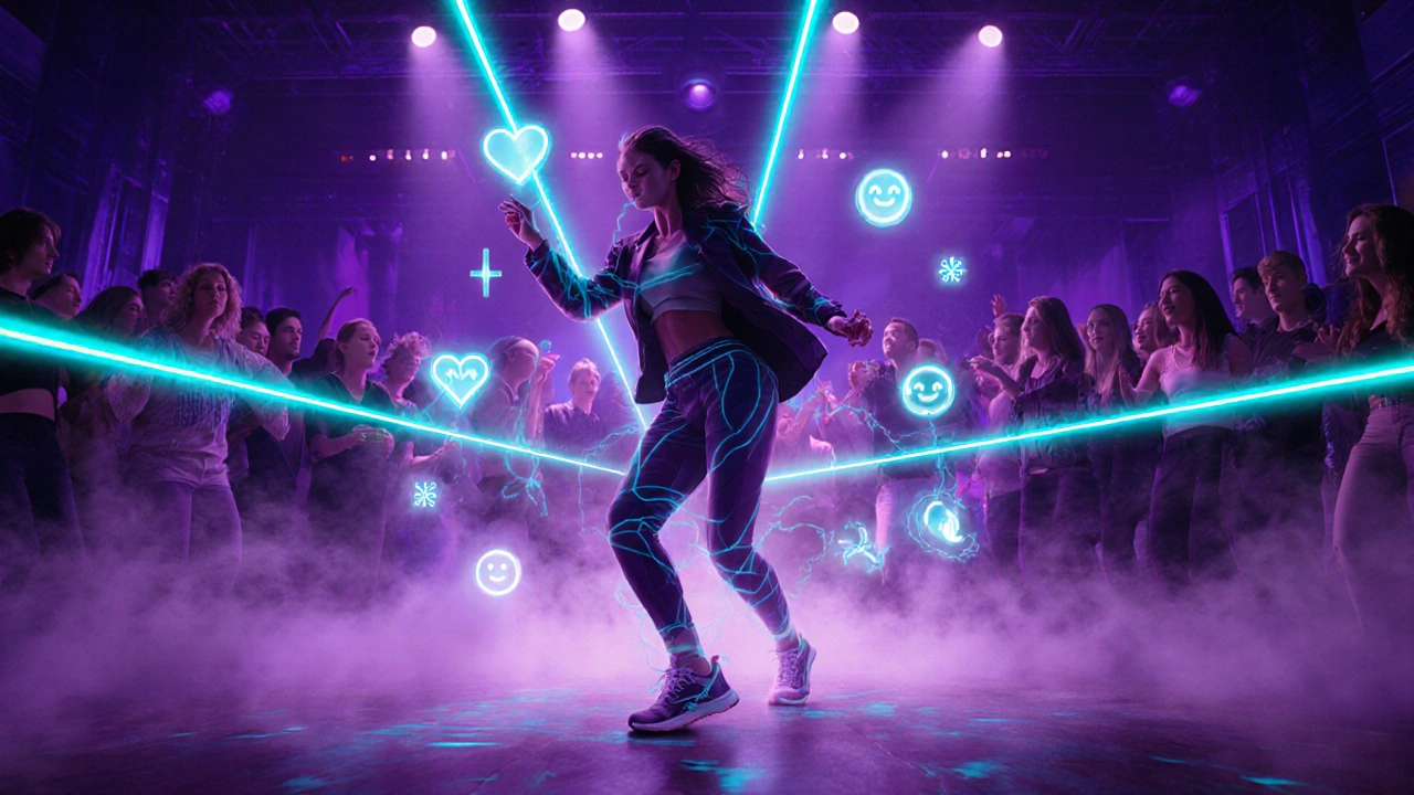 Dance floor with vibrant lighting, 37‑year‑old woman dancing, visual symbols of health benefits.