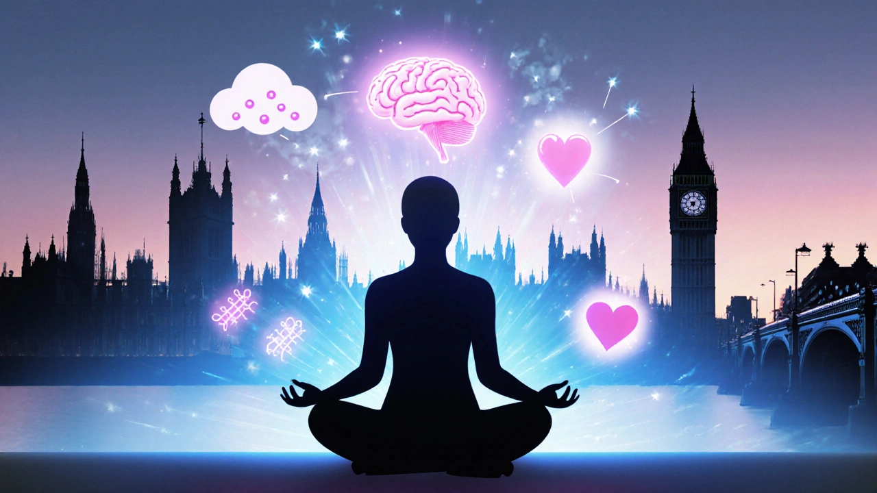 Digital art of relaxed figure with aura, symbols of stress relief, London skyline.