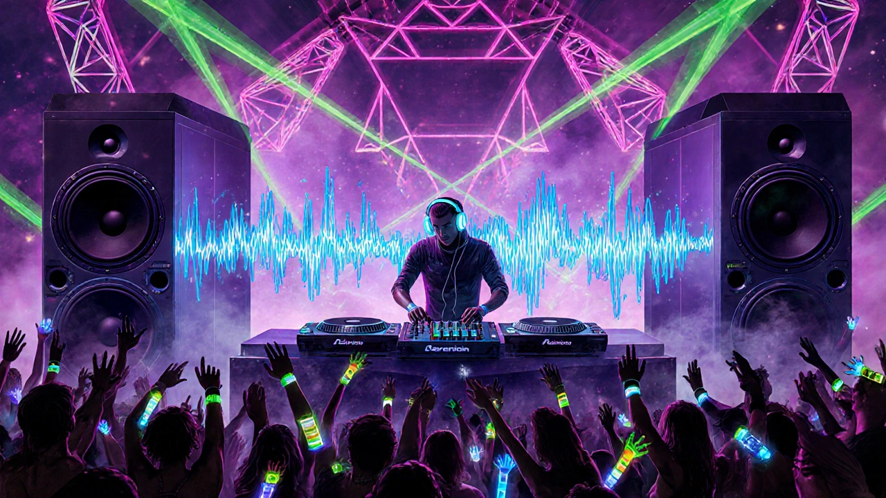 Digital artwork of a DJ, massive speakers, and dancers under colorful laser lights.