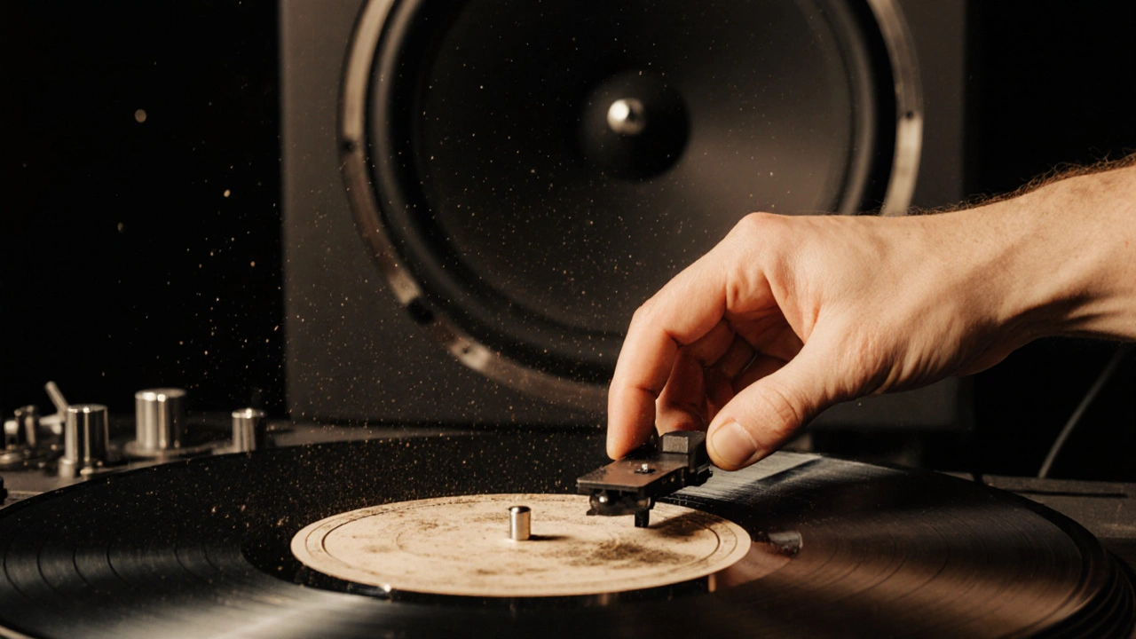 DJ's hands handling vinyl records with Funktion-One speaker in background.