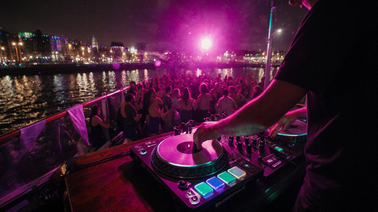 DJ booth on a moving deck with colorful LED lights and blurred crowd.