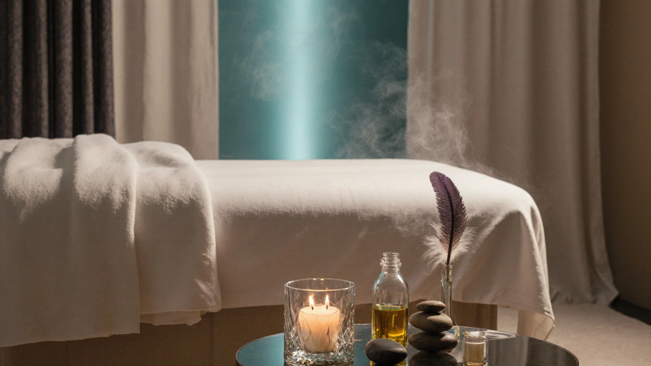 Elegant private room with massage table, candles, oils, and feather tickler, creating a calm atmosphere.