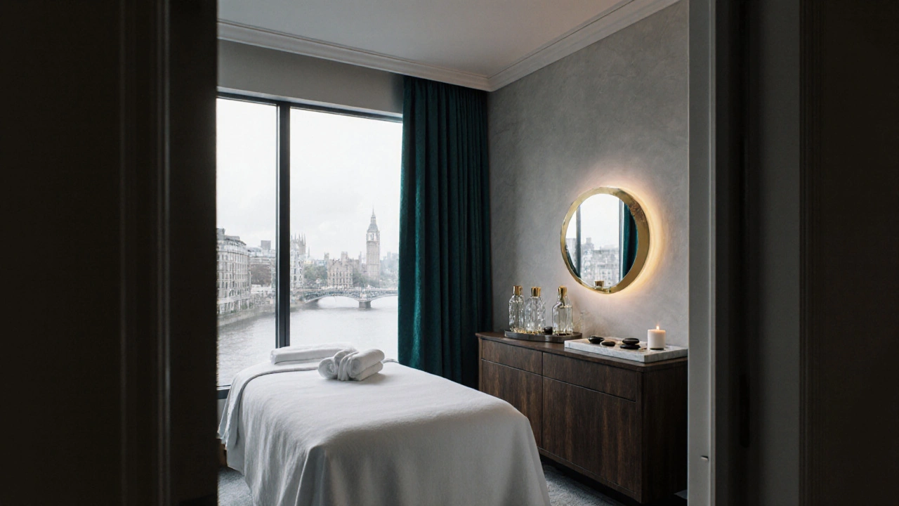 Elegant private spa suite with river view, plush linens, gold‑infused oils, and dim candlelight.