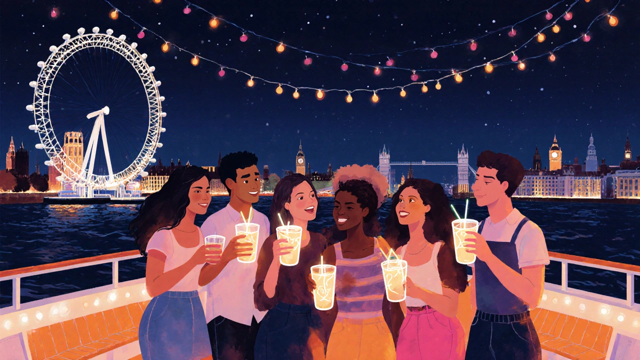 Friends holding glowing drinks on deck with the London Eye behind them.