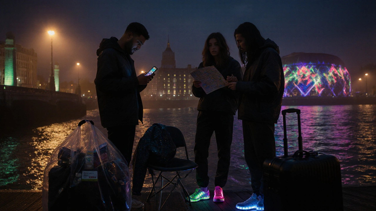 Friends on a riverside pier packing gear and checking maps before a rave.