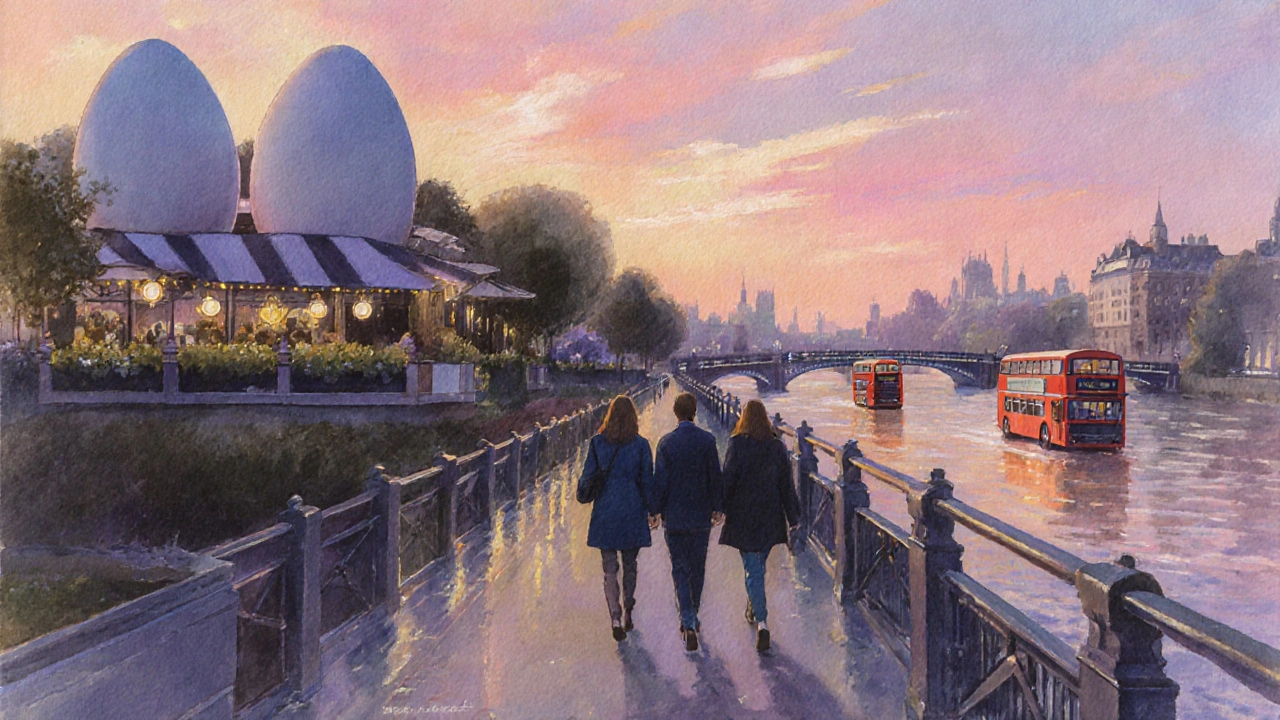 Friends walking by the Thames at sunrise after leaving Egg London terrace.