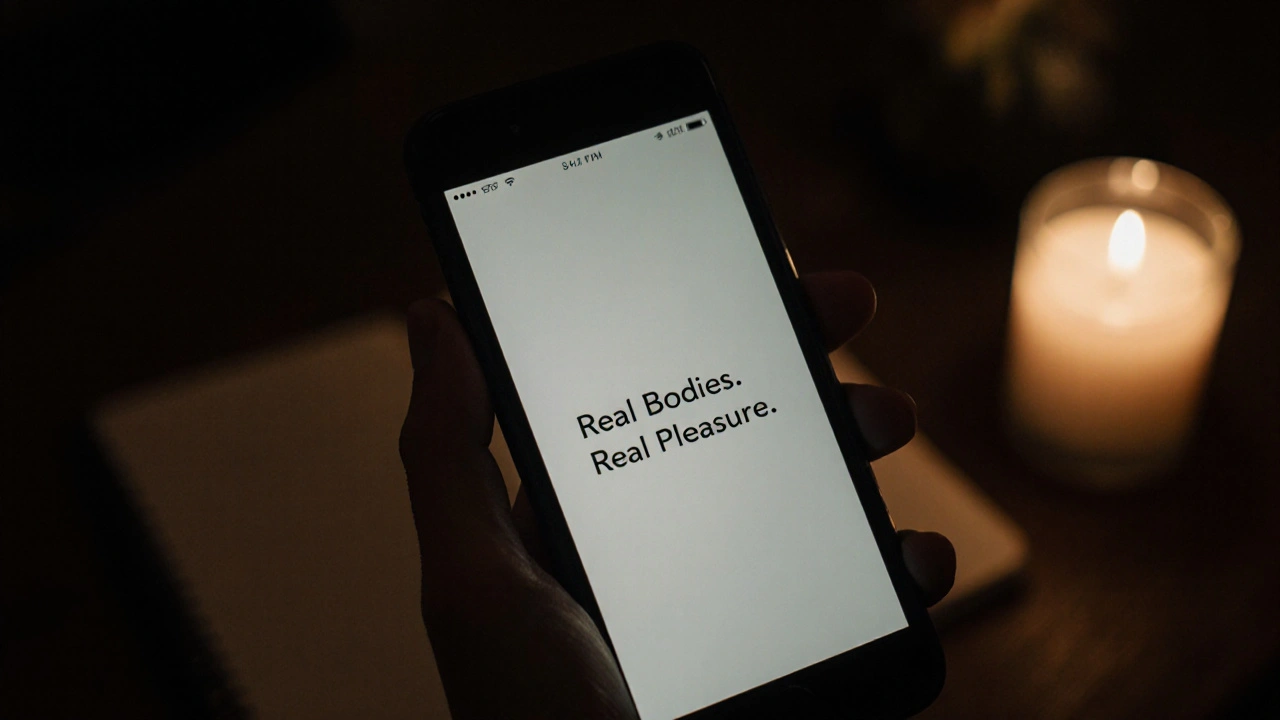 Hand holding a phone showing a thumbnail with 'Real Bodies. Real Pleasure.' in a quiet room.
