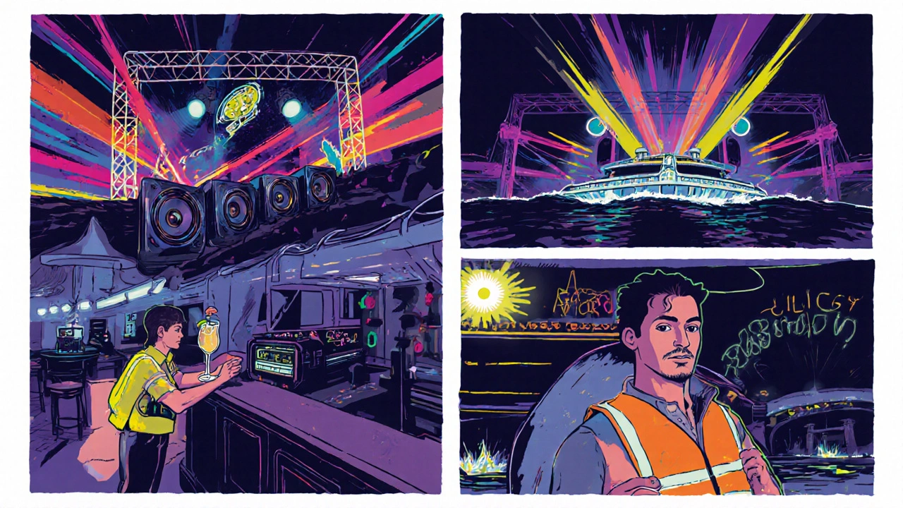 Illustration showing speakers, LED rigs, cocktail bar, and safety crew on a party boat.