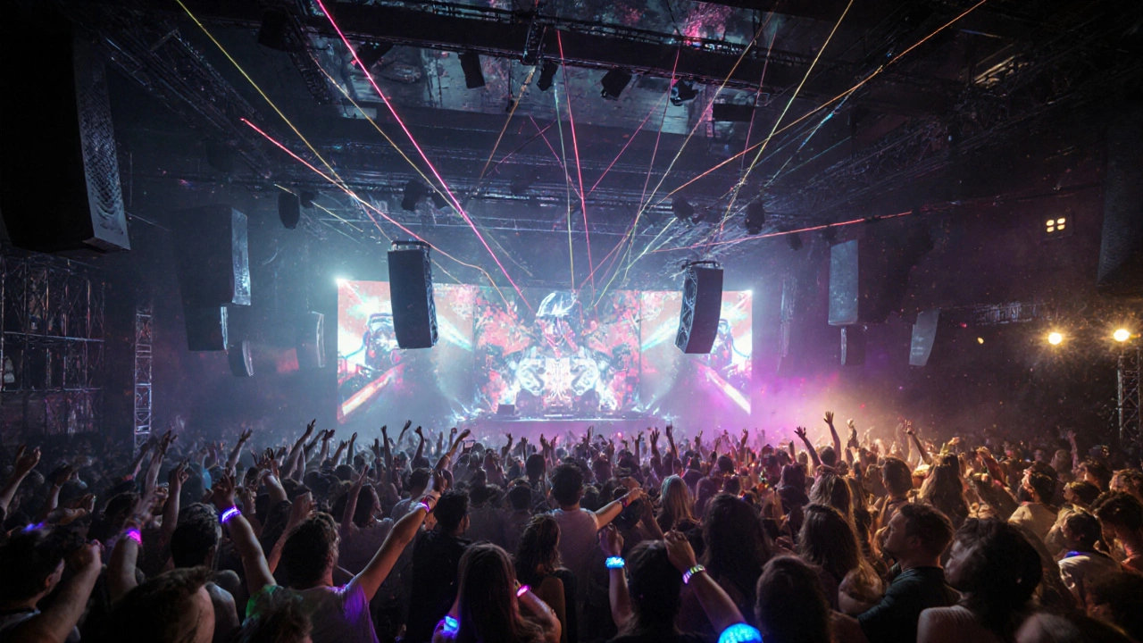 Inside a club with laser lights, a DJ booth, and dancing people wearing LED wristbands.