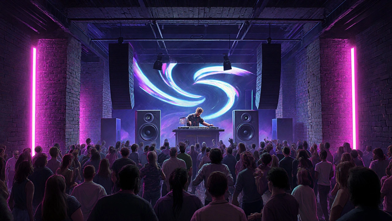 Inside Dance Buzz night showing a crowded brick venue with DJ and sound system.