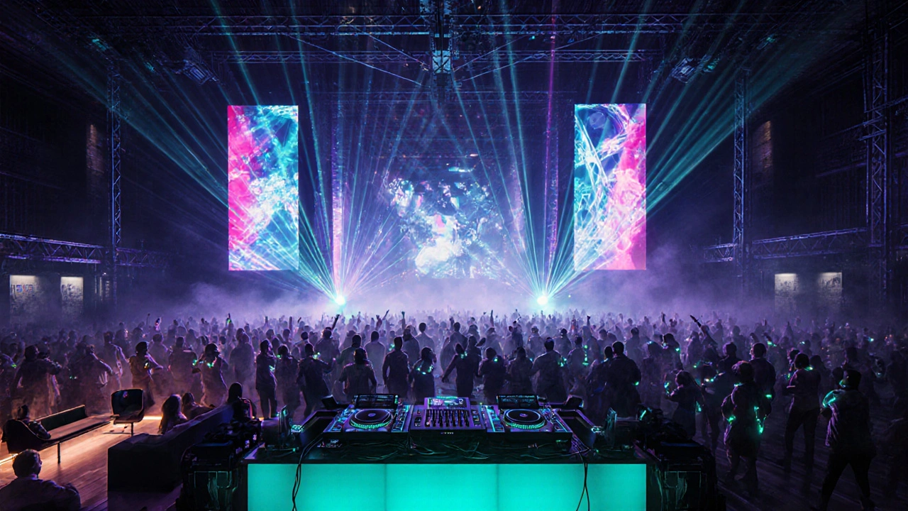 Interior of Printworks nightclub with massive LED walls, fog, and dancing crowd.