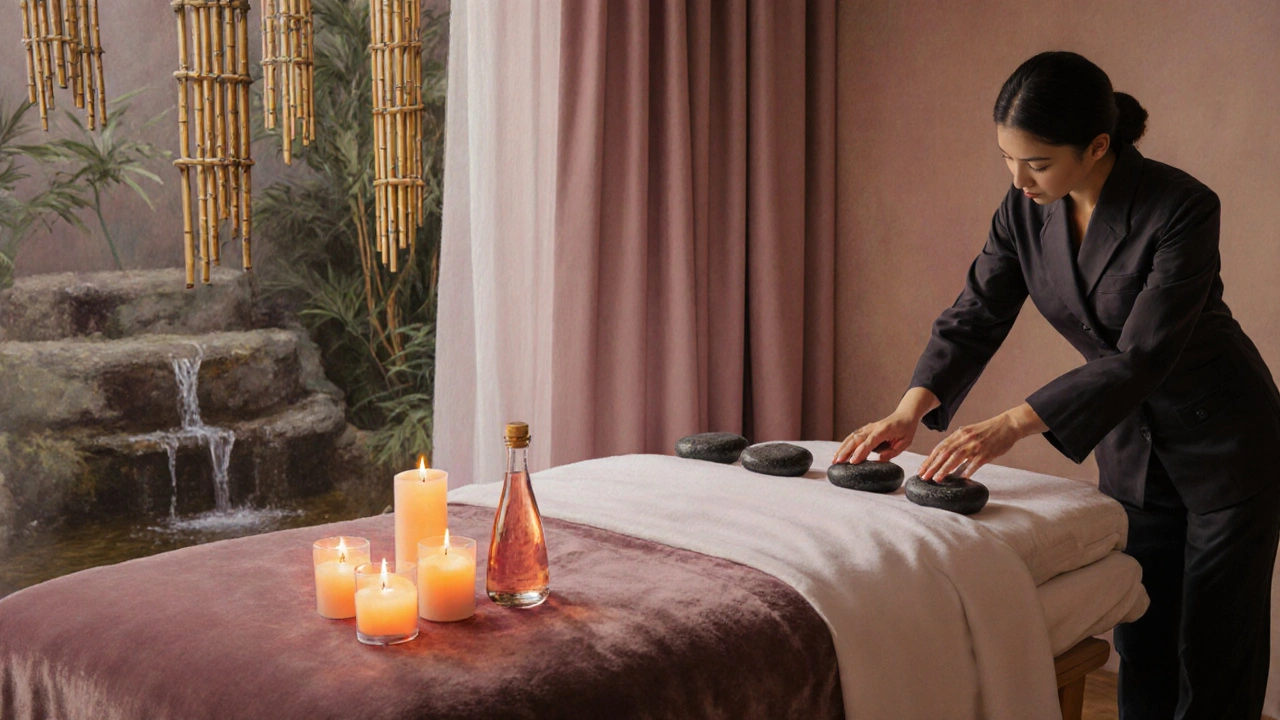 Massage therapist using heated stones and rose oil in a candlelit room.