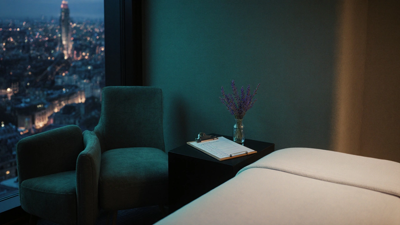 Modern discreet spa suite with linen table, consent checklist, lavender vase, and city view.