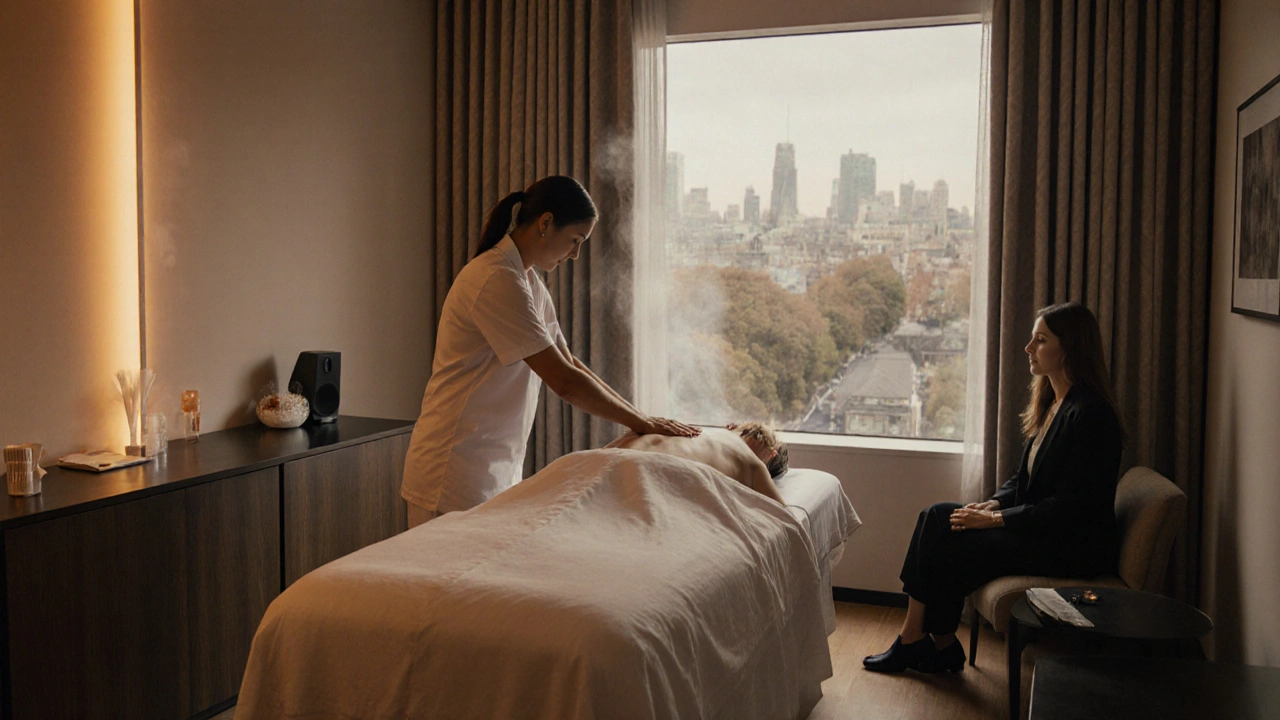 Modern London boutique massage room with therapist, client, and companion.