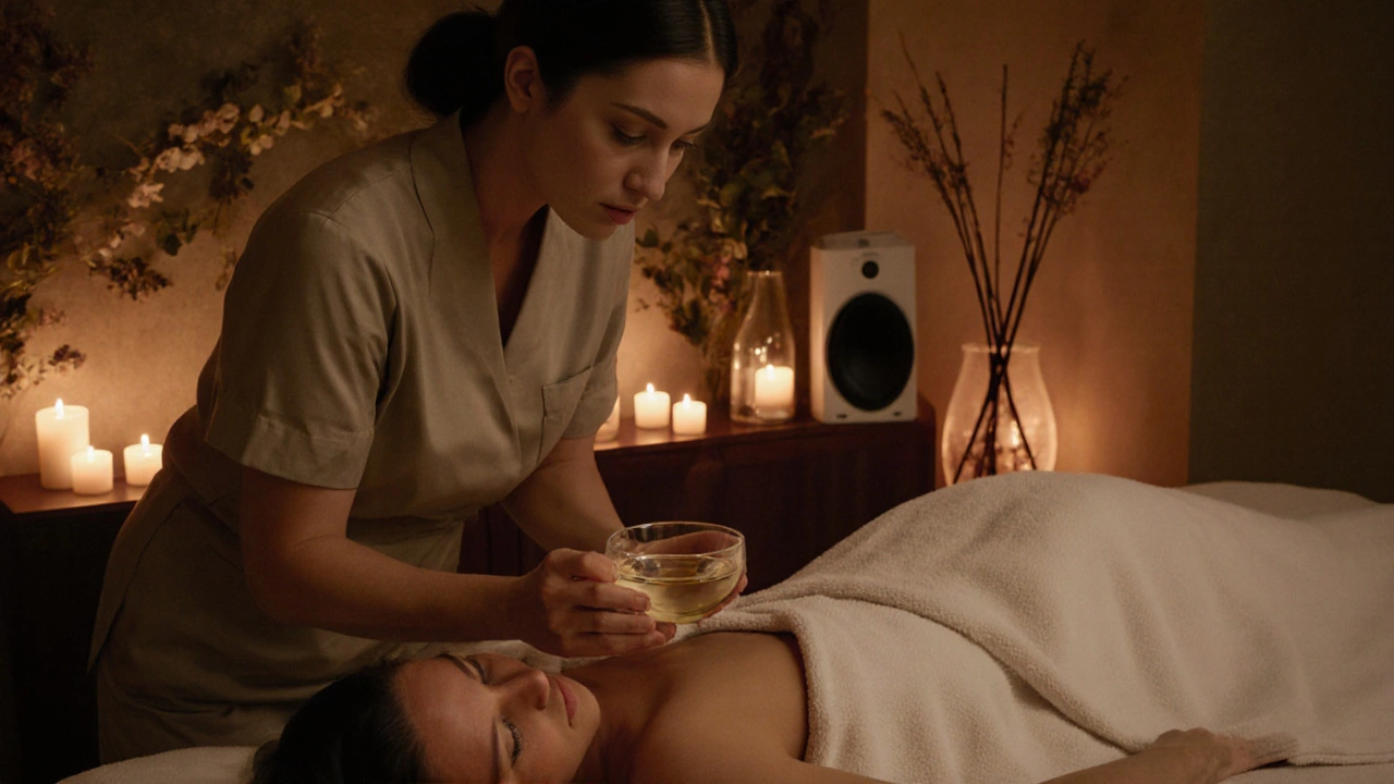 Modern North London spa room with dim lighting and therapist preparing oil.