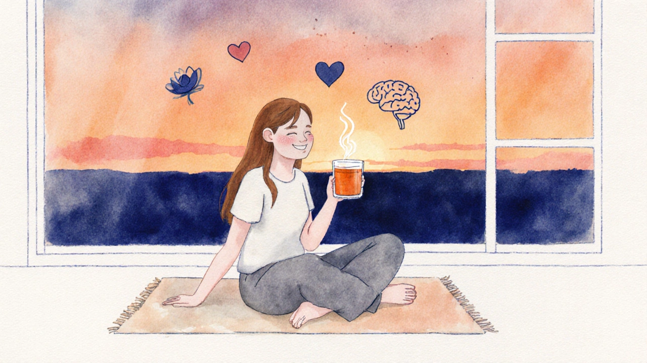 Person relaxing on a rug by a window, drinking tea, with sunset sky and subtle wellness symbols.