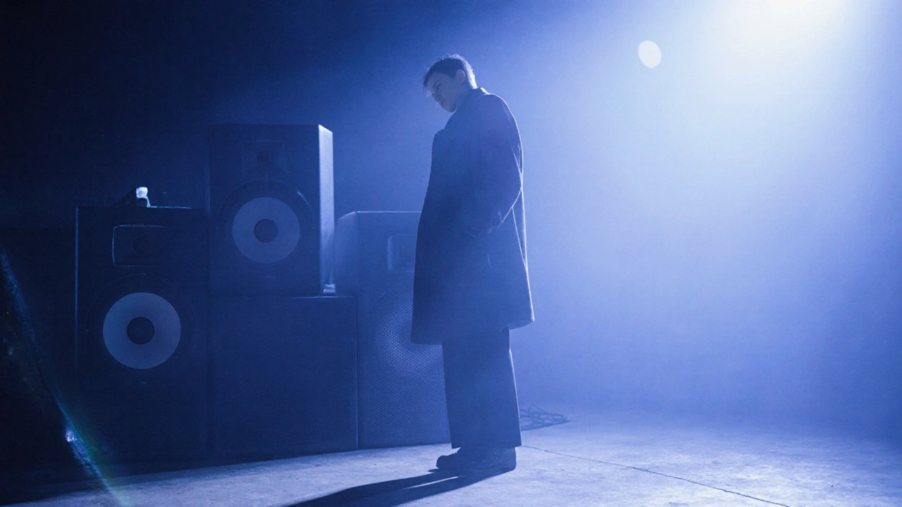Person standing alone near speakers, eyes closed, lost in the music.