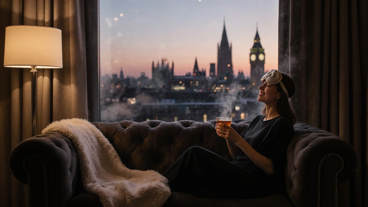 Relaxed client sipping tea on a lounge sofa with a twilight London skyline backdrop.