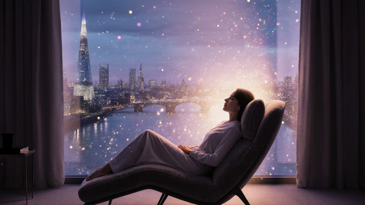 Relaxed person after escort massage looking out at a night London skyline.