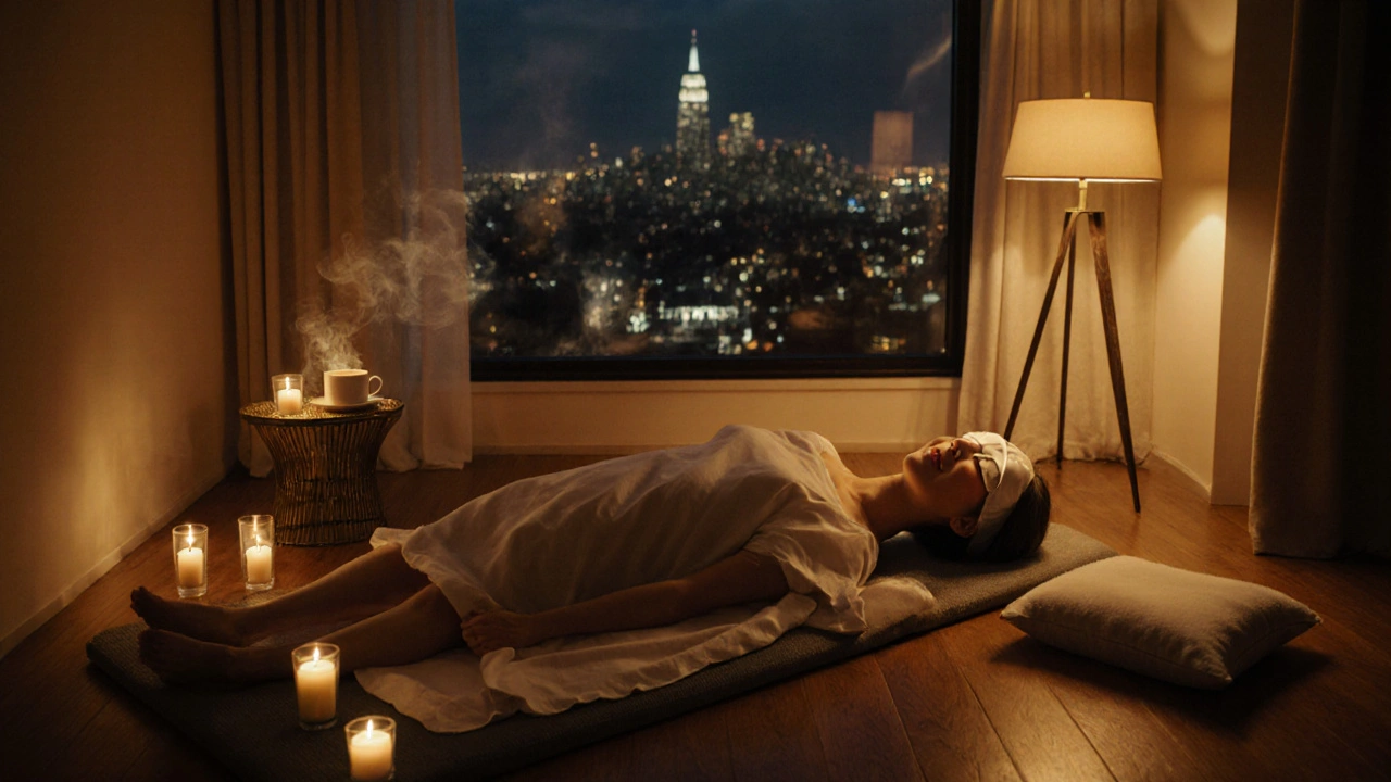 Relaxed person in a home spa setting with candles, tea, and silk eye pillow.