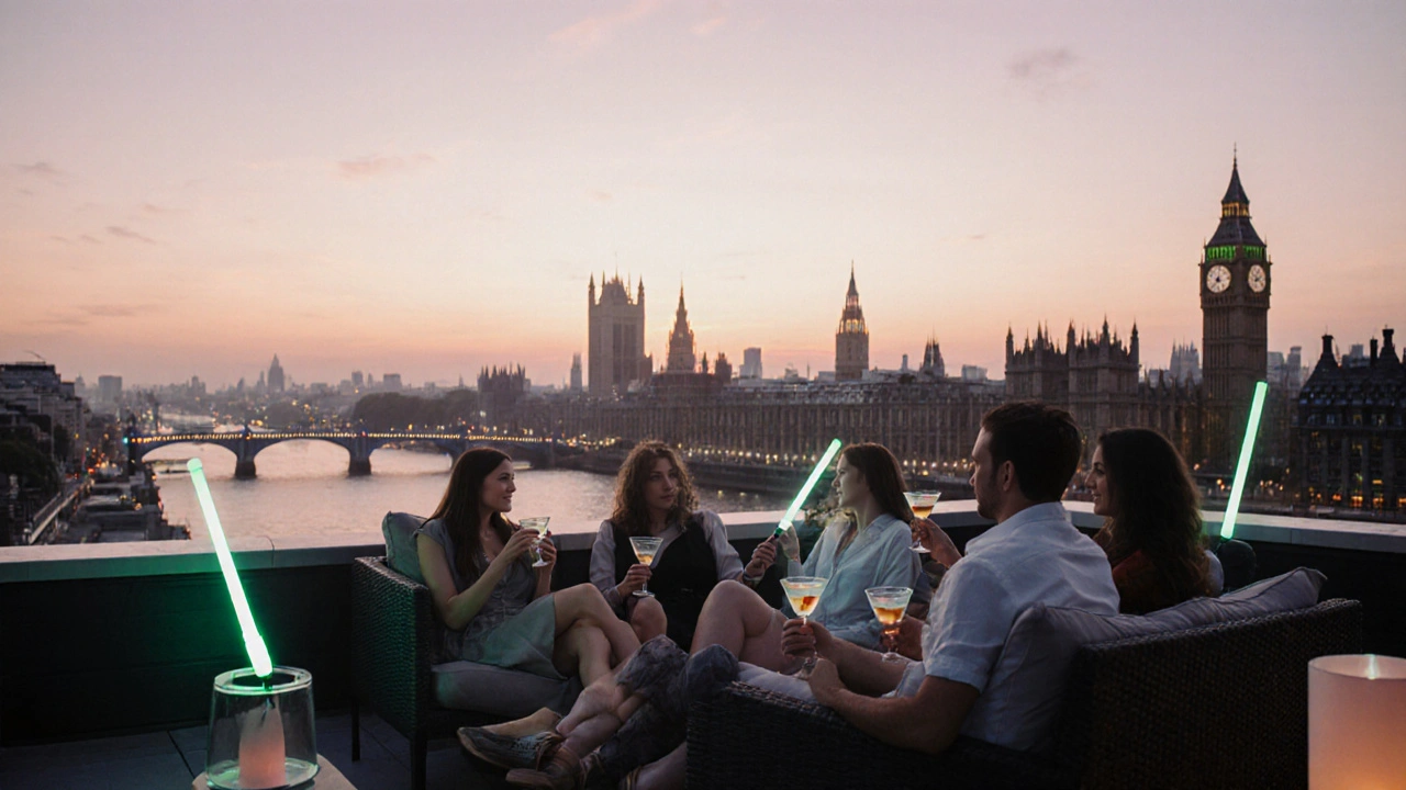 Rooftop lounge at sunrise with people relaxing, glowing drinks, and a pastel sky.