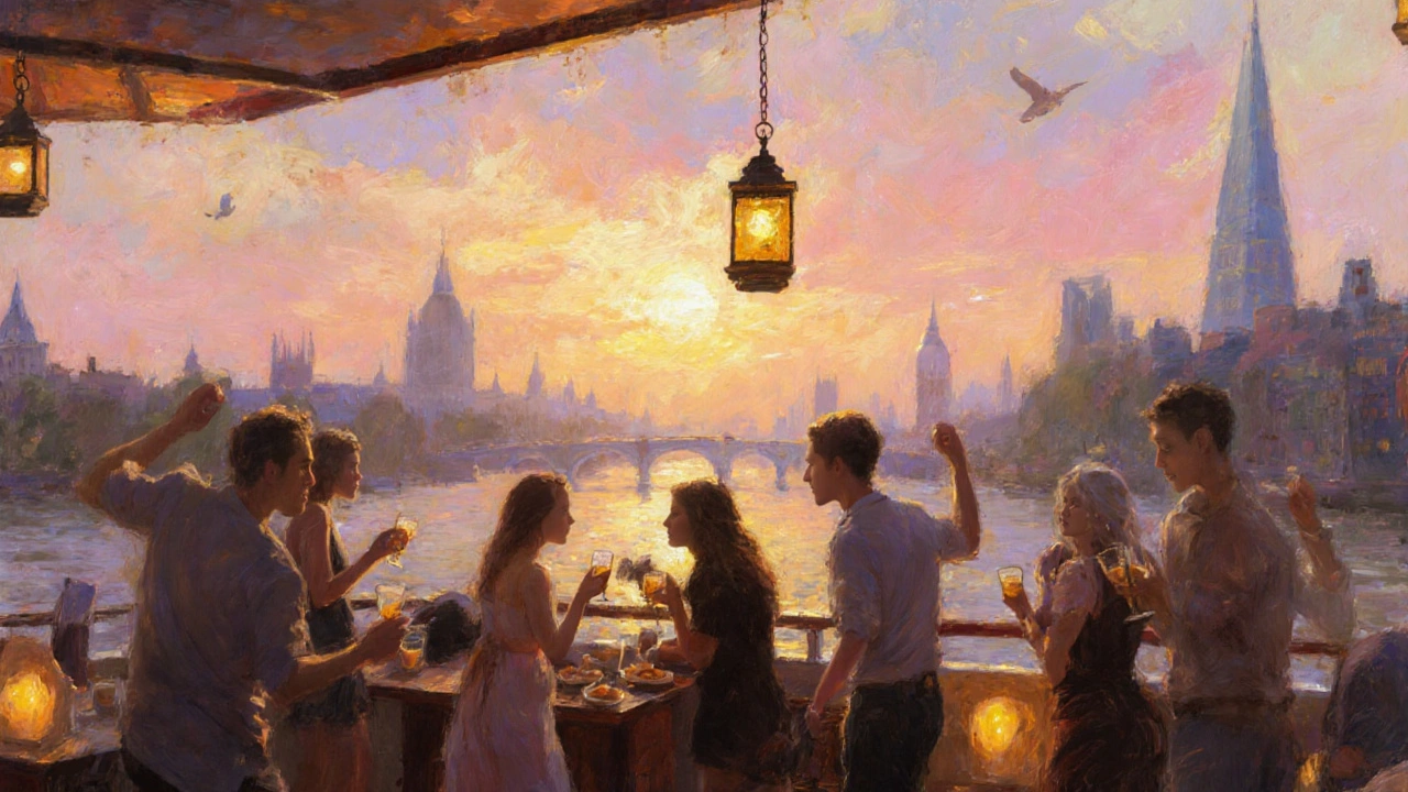 Sunrise on a party boat deck with couples enjoying brunch and soft golden light.