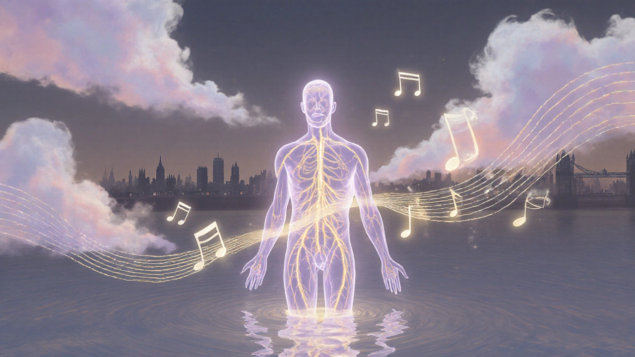 Surreal glowing silhouette showing circulation, aromatherapy clouds, and calm city backdrop.