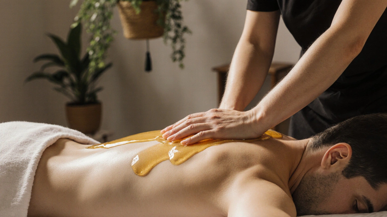 Therapist's hands applying gentle pressure with oil on a client's back in a quiet studio.
