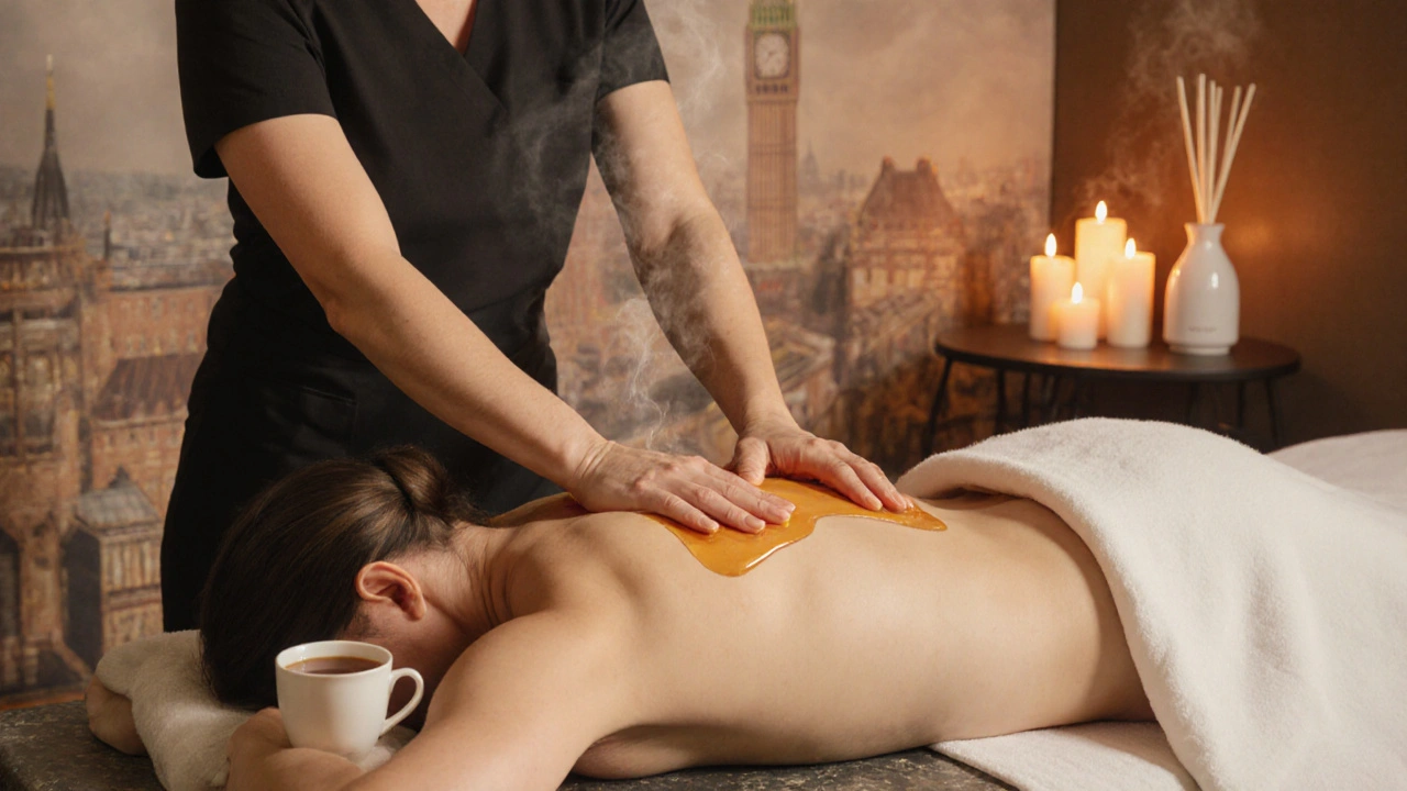 Therapist&#039;s hands applying warm oil to a draped client on a heated massage table.