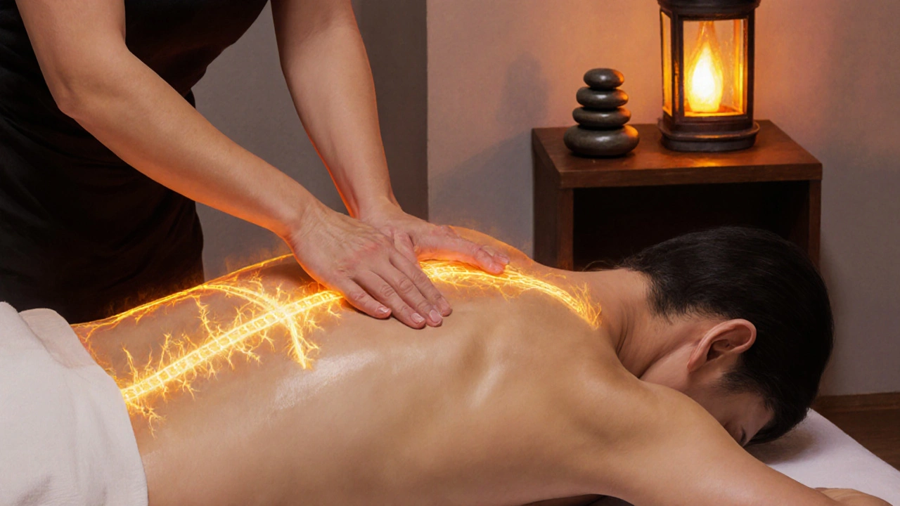 Therapist performing gentle, sensual strokes on a client with glowing energy lines.