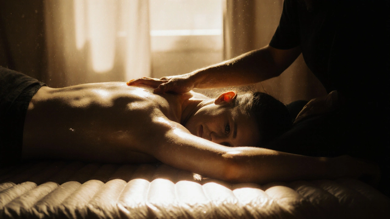 Two figures gently connected by skin-to-skin glide motion on a mat, illuminated by soft golden light.