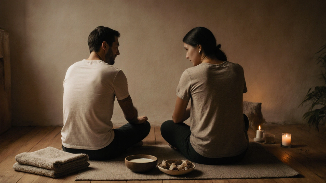 Two people giving each other back massages at home, smiling, surrounded by simple props like oil and towels.
