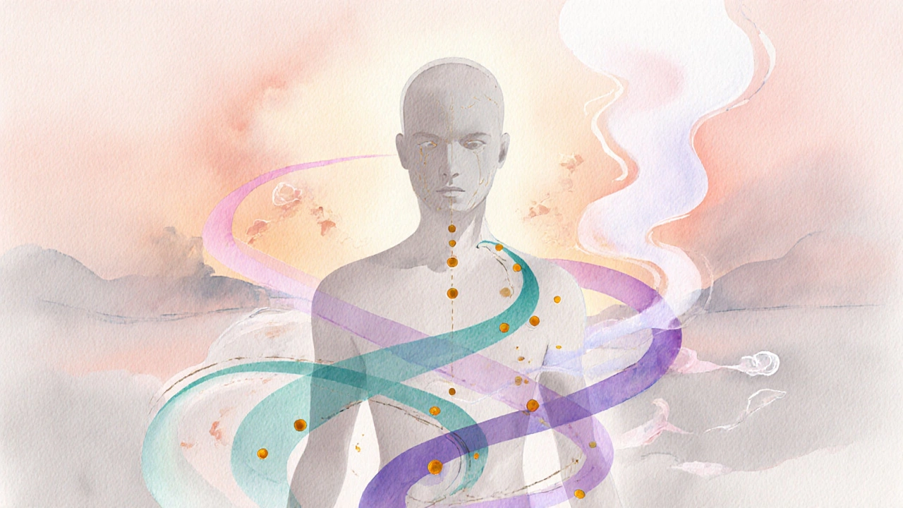 Watercolor of flowing energy lines and aromatherapy vapor around a faint human outline.