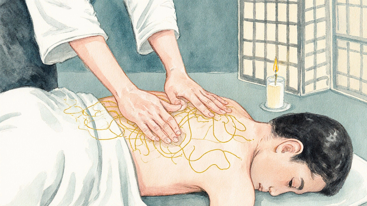 Watercolor of therapist&#039;s hands applying pressure on clothed client, energy lines shown.