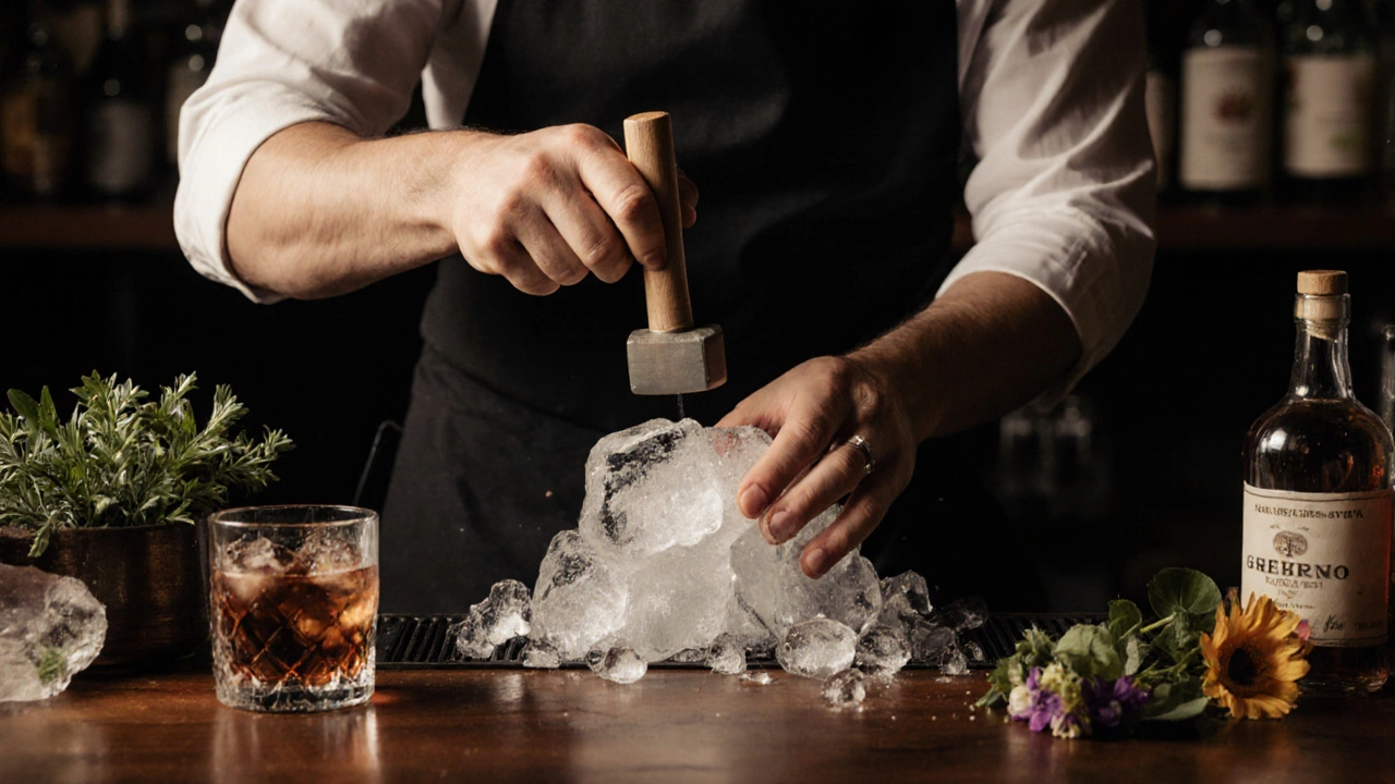 A bartender hand-chipping ice and preparing fresh herbs at Fabric Nightclub&#039;s bar.