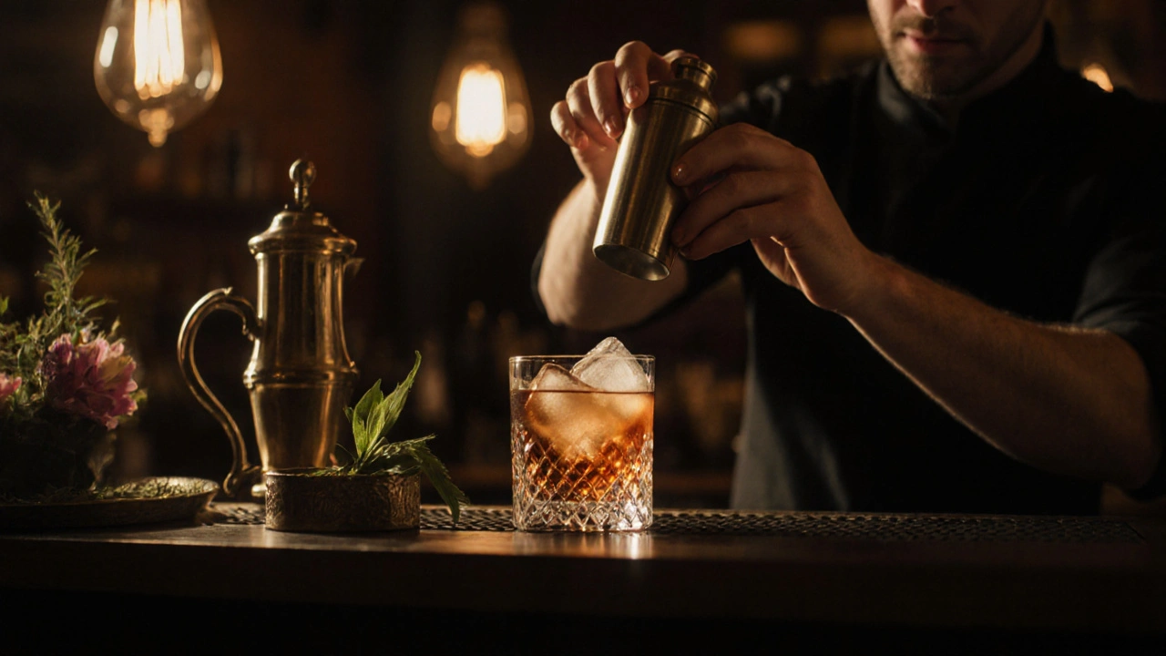 A bartender preparing a craft cocktail in a dimly lit bar with glowing glasses.