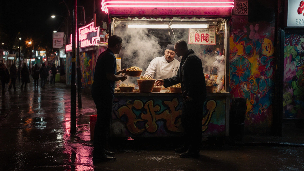 A Brixton food stall serving steaming dumplings under colorful neon lights at night.