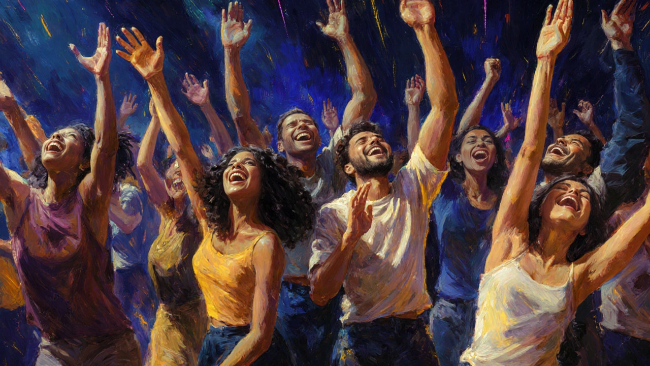 A diverse crowd dancing together with smiles, no phones, full of joy and connection.